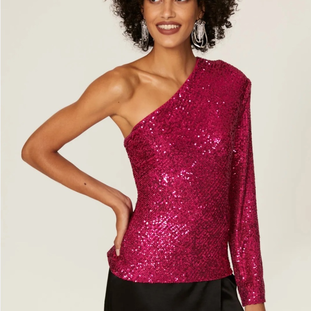 Trina Turk One-Shoulder Sequin Top — Hot Pink Glam